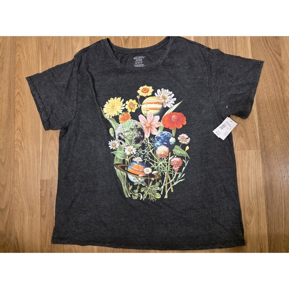 Mighty Fine Size 3x T-shirt Space Floral Print Short‎ Sleeve Tee Cotton Gray